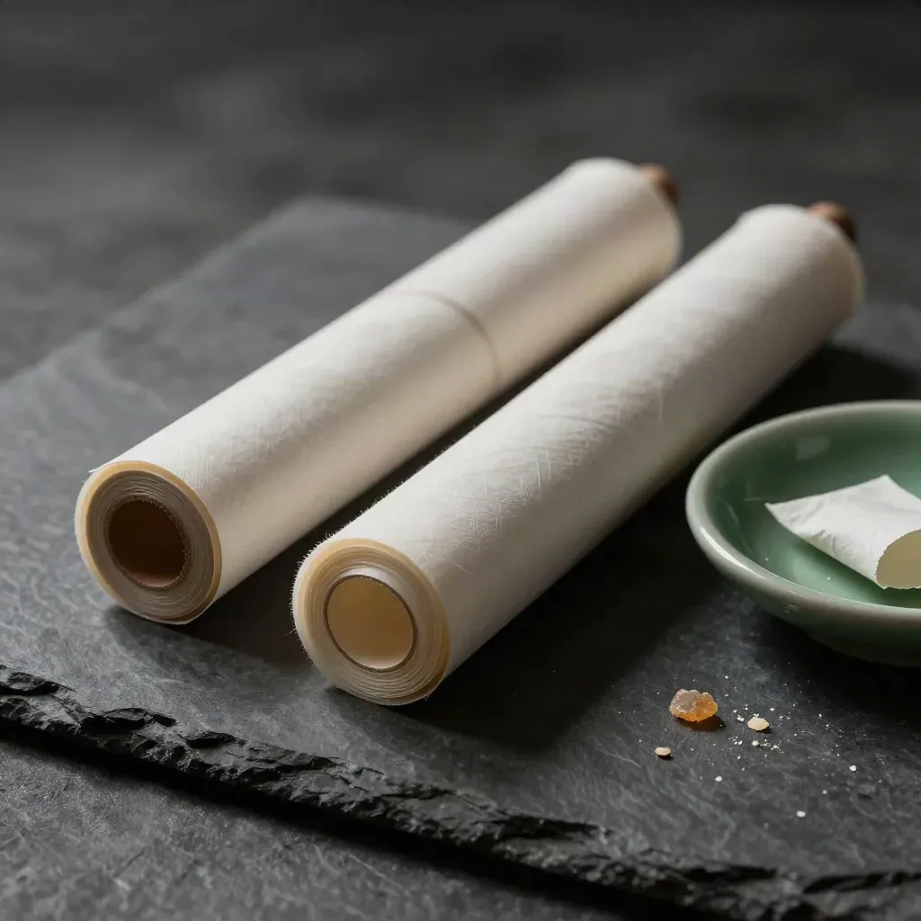 Two pre-rolls, a green dish of crumbs, and a folded paper band on dark stone.