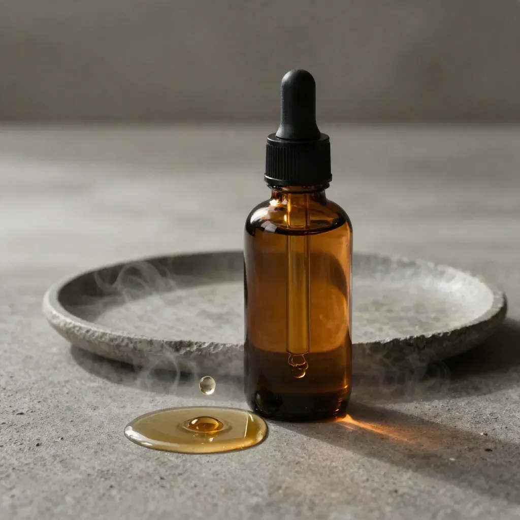 Amber tincture dropper bottle with a droplet hitting a stone tray in dramatic studio light.