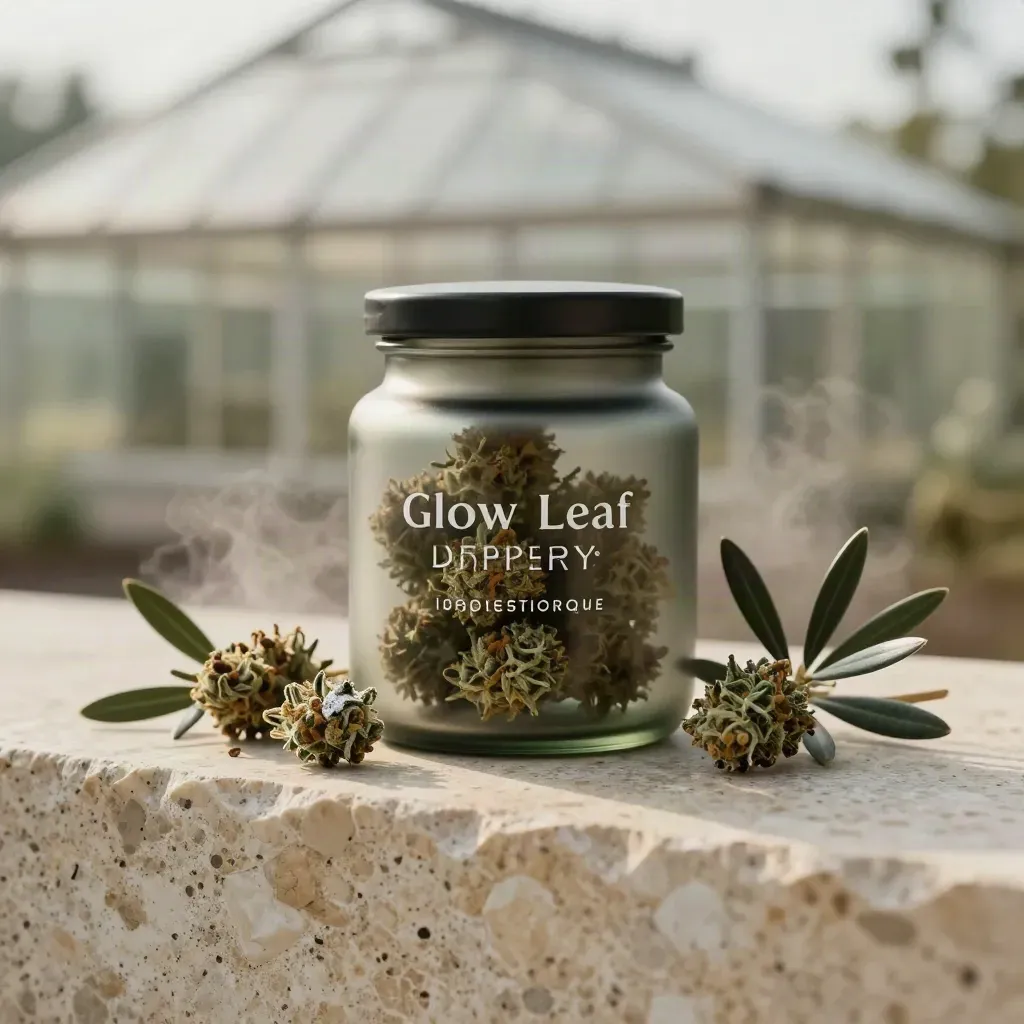 Travertine ledge with cannabis flower, olive branch, and soft greenhouse blur in warm light.