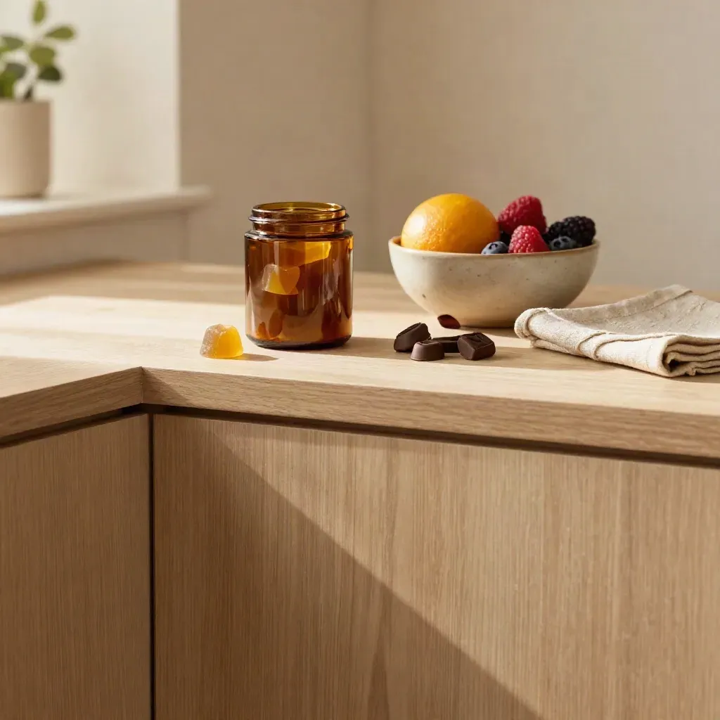 Warm plaster kitchen corner with edibles jars, fruit bowl, and morning sun on a wooden shelf.