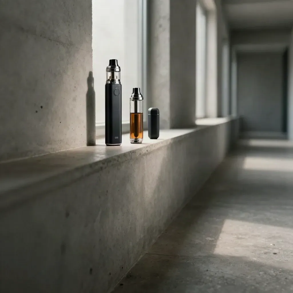 Brushed concrete corridor with a vape pen, cartridge and pod lit by a window wash