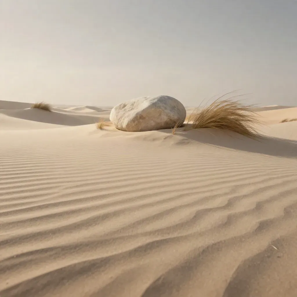 Desert sand platform with a single stone and wind-tossed grass under a pale sky blur.