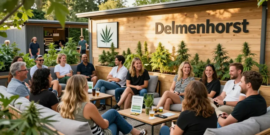 Cannabis club Delmenhorst gathering featuring friends socializing in a cozy outdoor atmosphere.