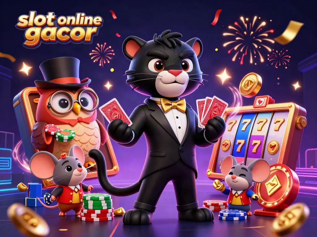 Engage with slot online gacor while stylish characters deal cards and showcase vibrant slot symbols.