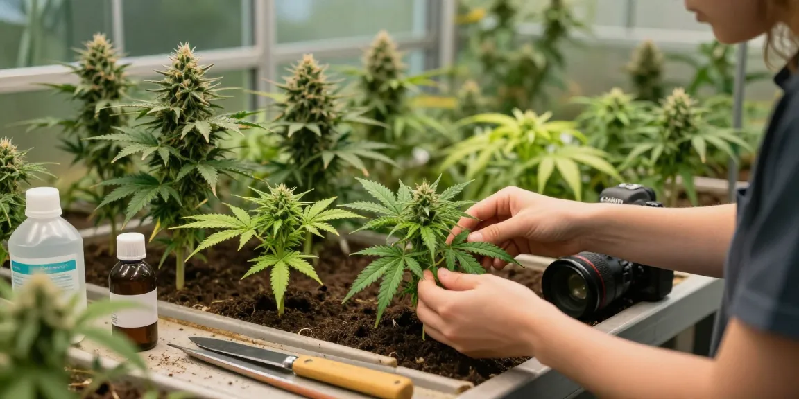 Grower examining feminised seeds in lush indoor greenhouse.