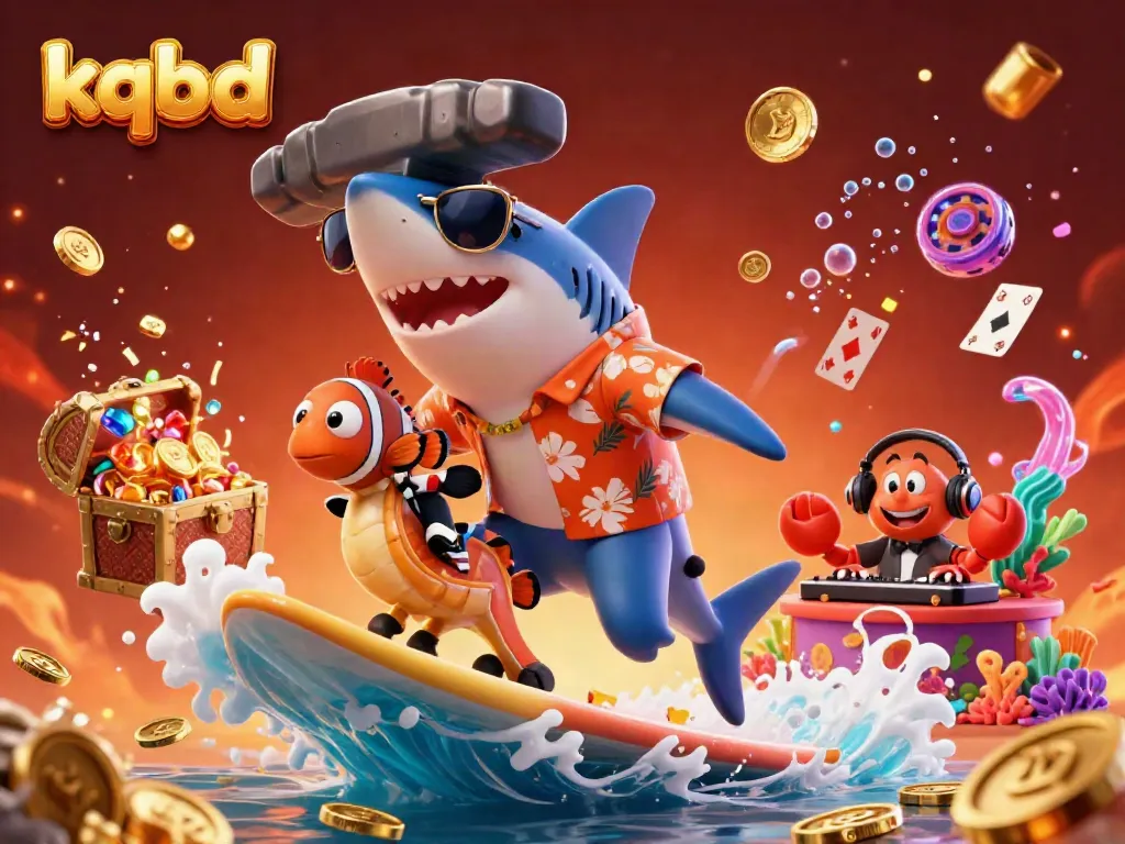 Experience kqbd excitement with a cartoon shark surfing gold coins, vibrant casino elements, and a lively coral reef scene.