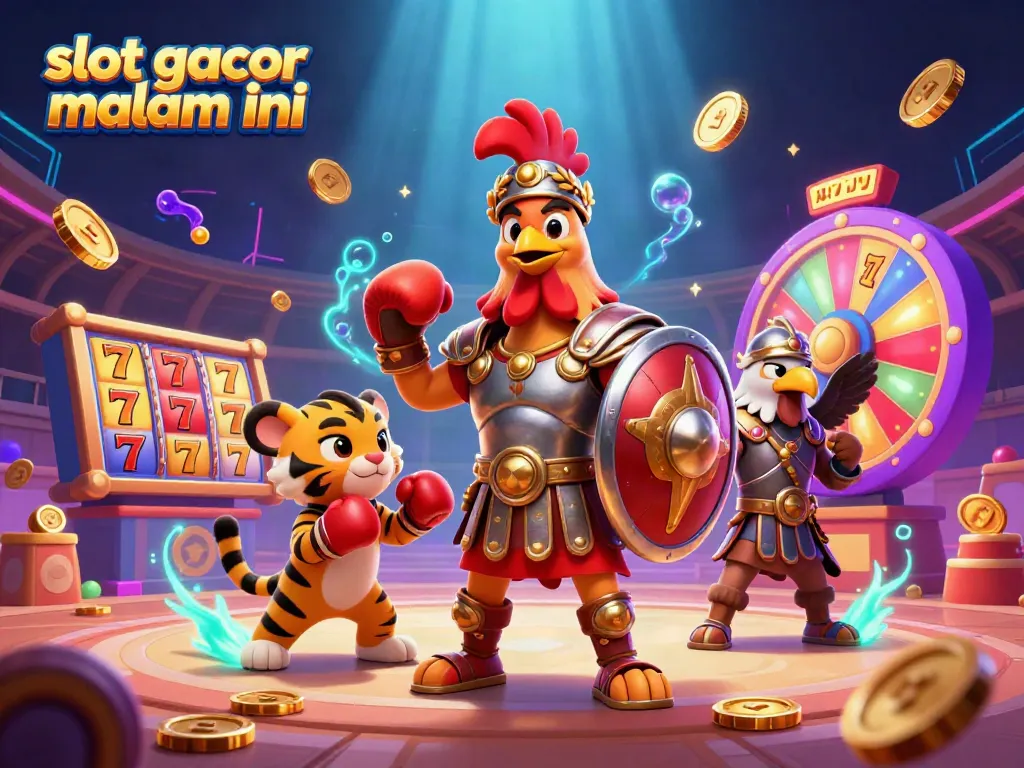 Temukan keseruan slot gacor malam ini dengan ilustrasi menarik dari karakter permainan dan elemen kasino.