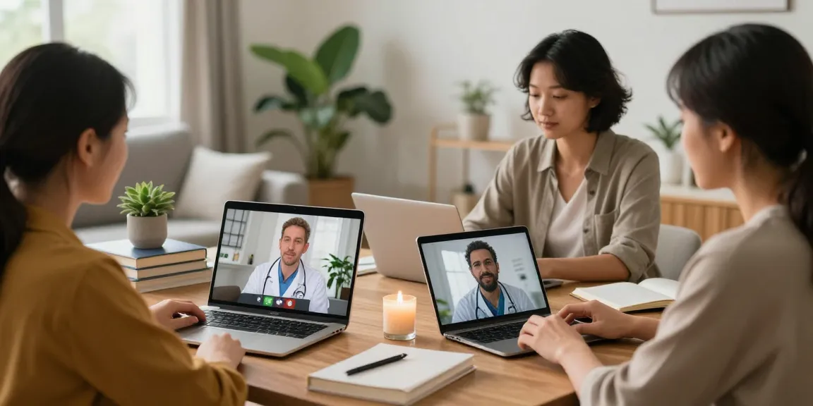 A diverse group interacting online for MMJ card online consultations, highlighting the ease of telemedicine.