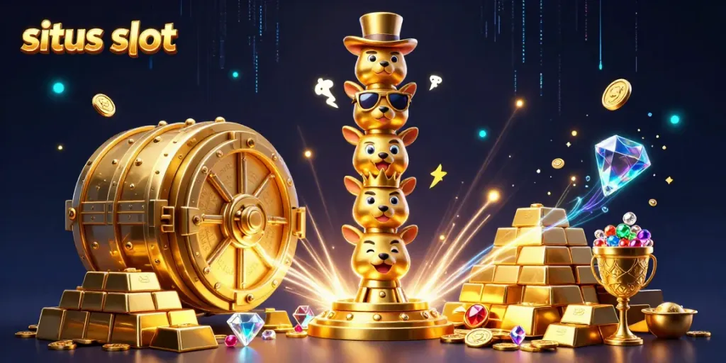 Ilustrasi 3D memukau menampilkan totem kasino bergaya kartun dengan berbagai ekspresi hewan, mempersembahkan situs slot terbaik di 2026.