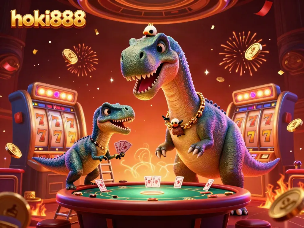 Permainan slot hoki888 dengan dinosaurus raksasa dan interaksi yang unik dalam suasana kasino.