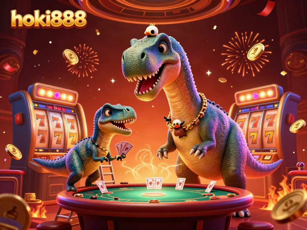 Permainan slot hoki888 dengan dinosaurus raksasa dan interaksi yang unik dalam suasana kasino.