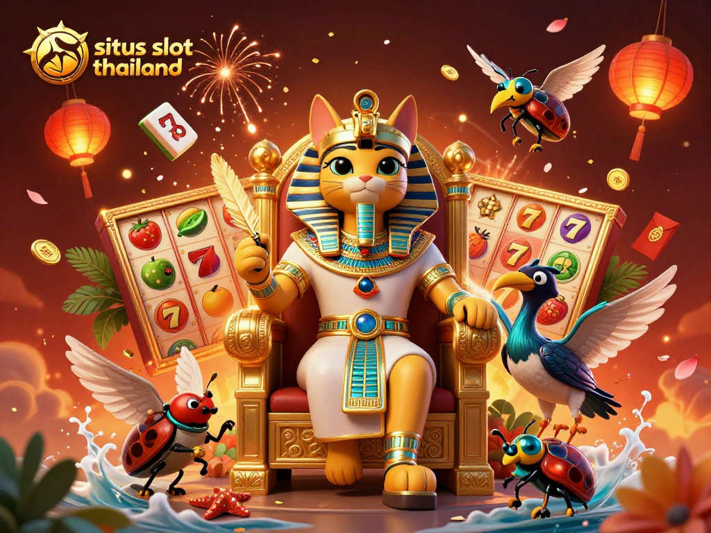 Engage with situs slot thailand in this vibrant 3D casino scene filled with dynamic slot symbols.