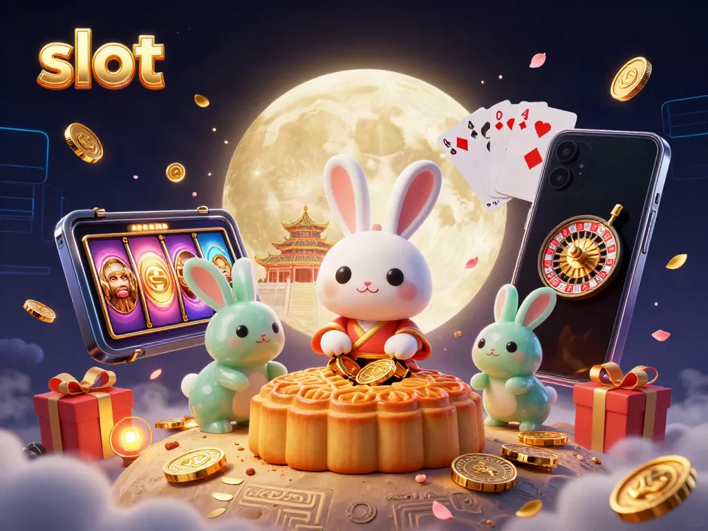 Memenangkan slot dengan ilustrasi kartun 3D kelinci bulan, simbol-simbol keberuntungan, dan suasana kasino yang meriah.