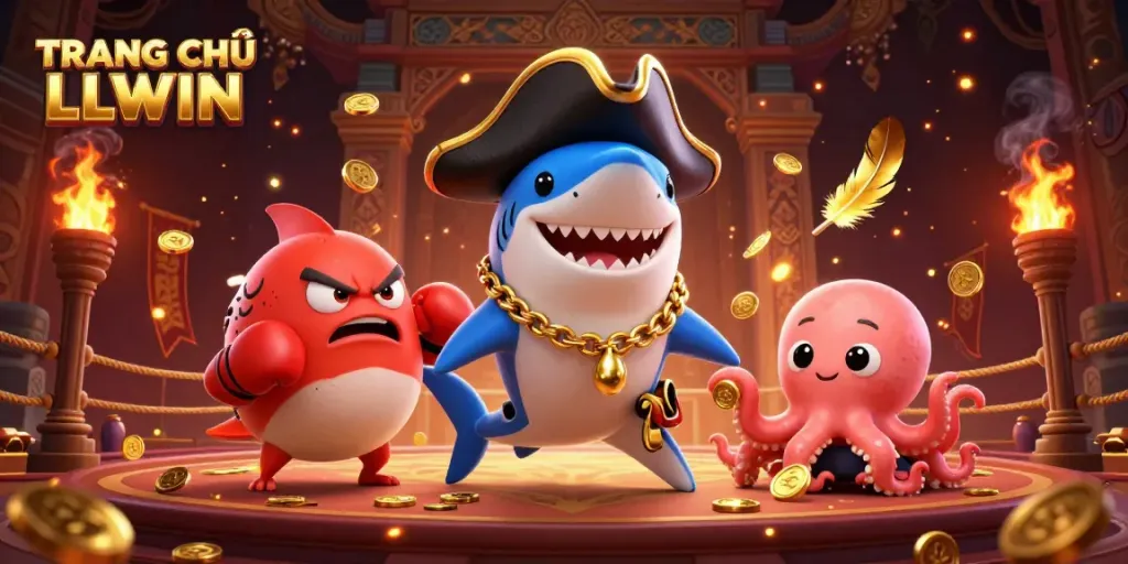 Engage with TRANG CHỦ LLWIN through a vibrant 3D casino illustration featuring dynamic characters and rich game elements.