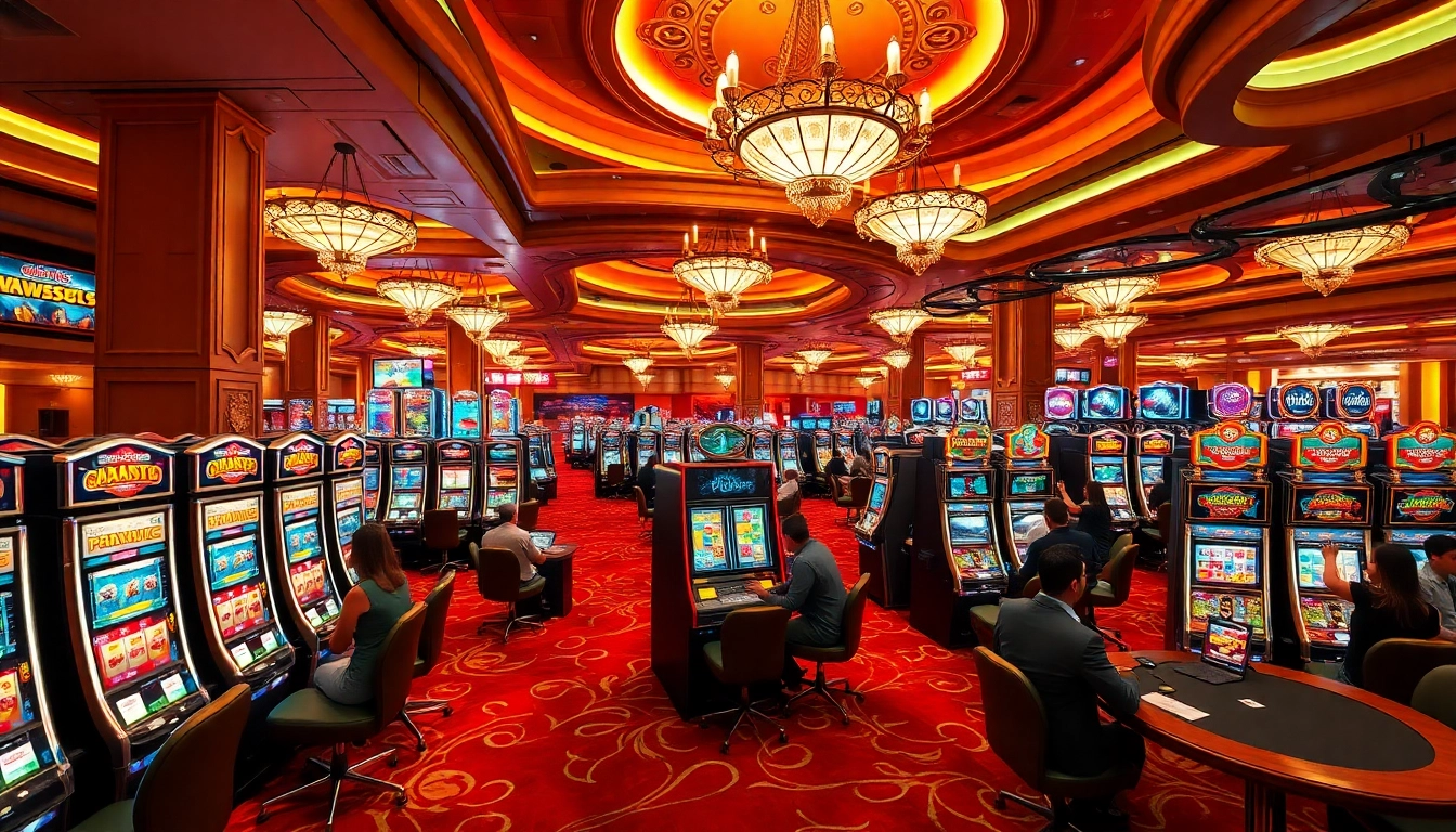 Excited players enjoying demo slot pragmatic in a luxury casino setting with vibrant machines.