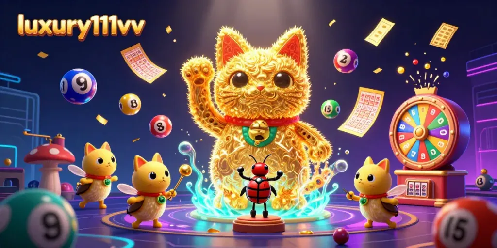 Menangkan hadiah di luxury111vv dengan kucing keberuntungan yang bergoyang di antara simbol kasino.