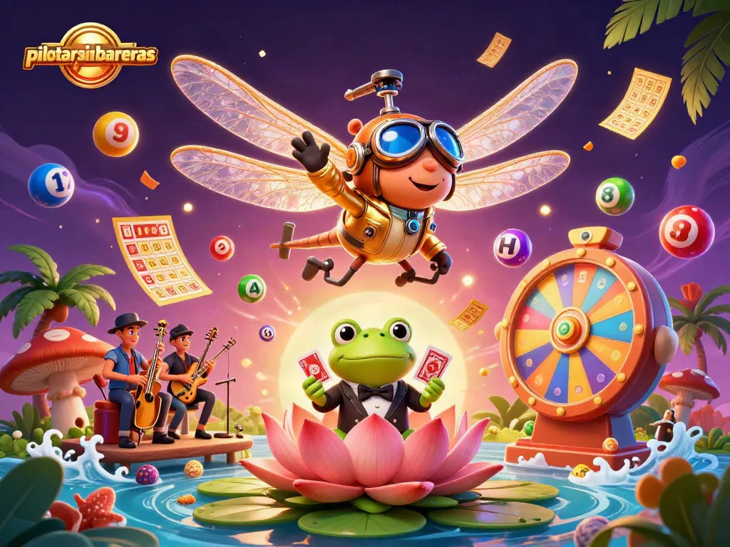Memperlihatkan pilot helikopter capung 3D dalam kasino lily pad, menjadi bagian dari pilotarsinbarreras dengan croupier kodok dan musisi.