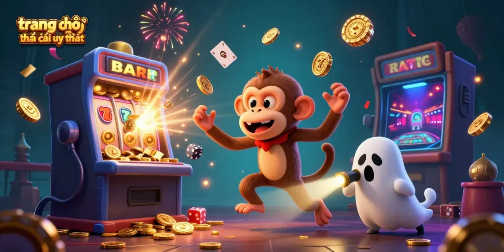 Enchanting scene of a mischievous monkey juggling gold while a puppy pursues it in a haunted casino, emphasizing trang chủ nhà cái uy tín.