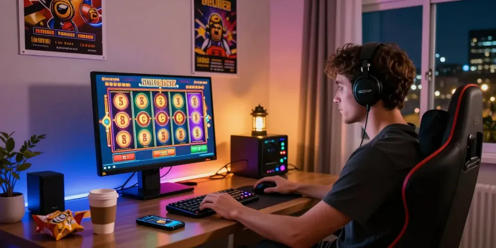 A young adult player enjoying a slot online game on a vibrant screen in a cozy home gaming setup.