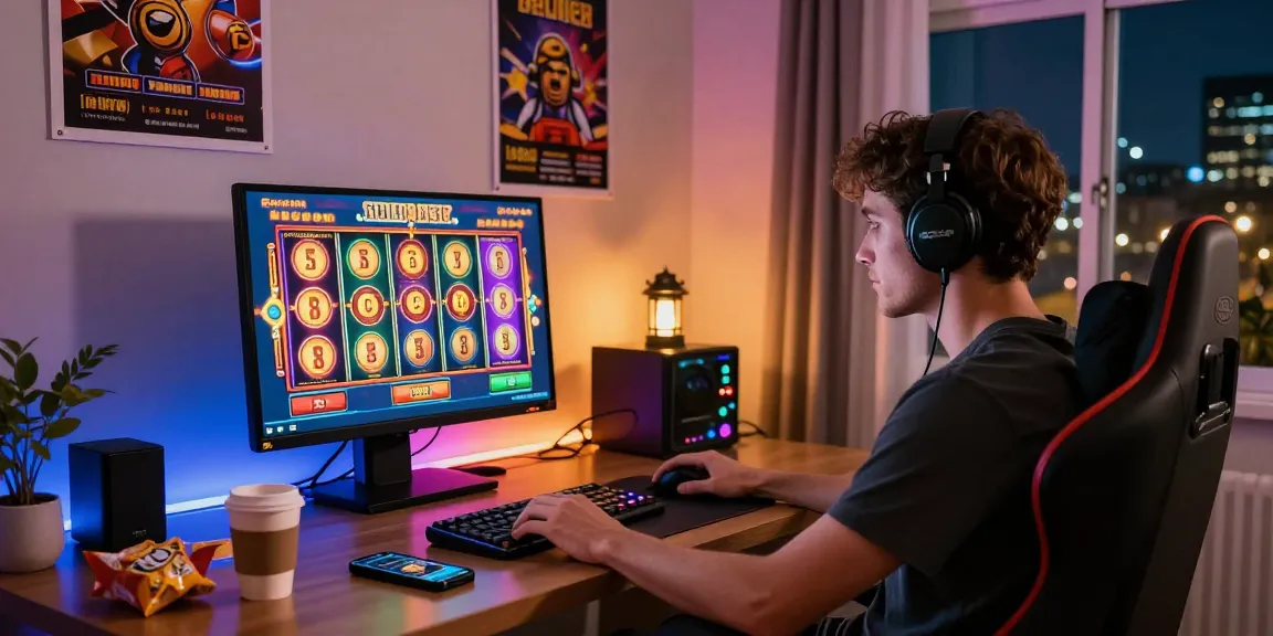 A young adult player enjoying a slot online game on a vibrant screen in a cozy home gaming setup.
