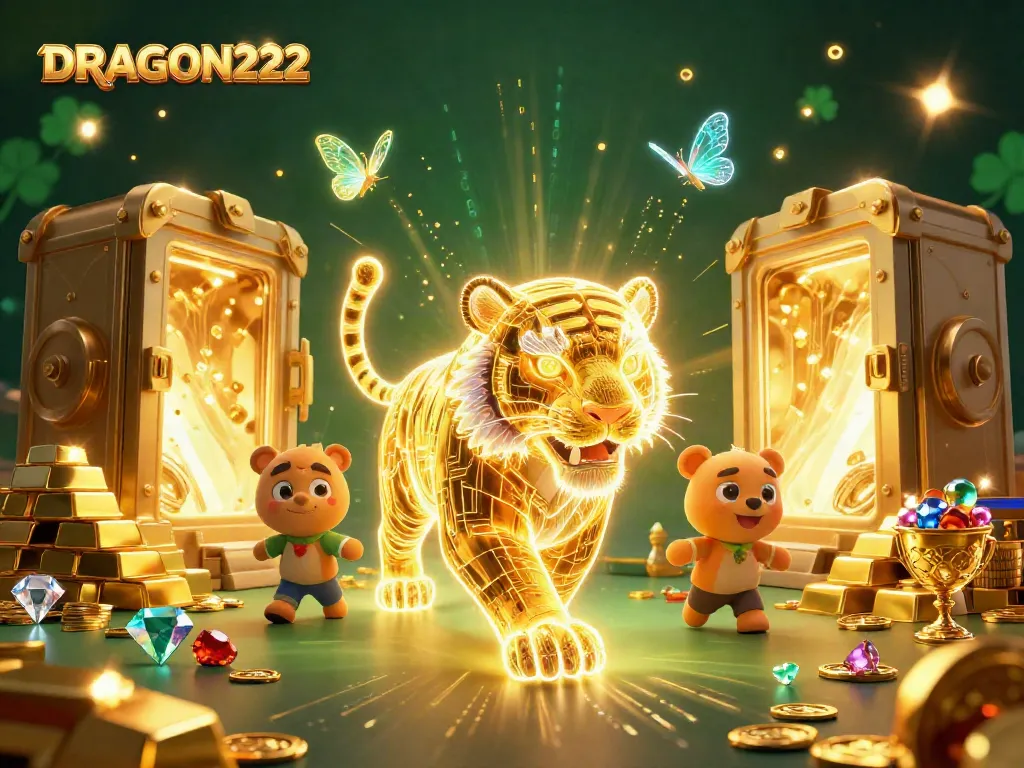 Join the excitement of DRAGON222's vibrant casino world with a golden tiger and treasure.
