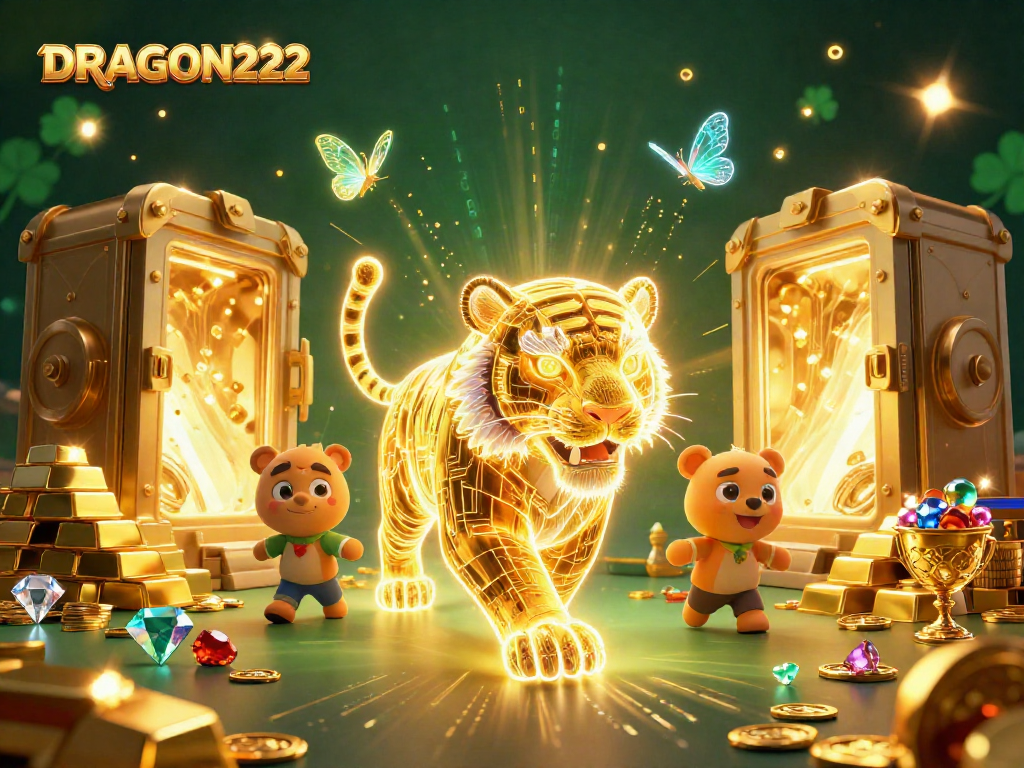 Join the excitement of DRAGON222's vibrant casino world with a golden tiger and treasure.