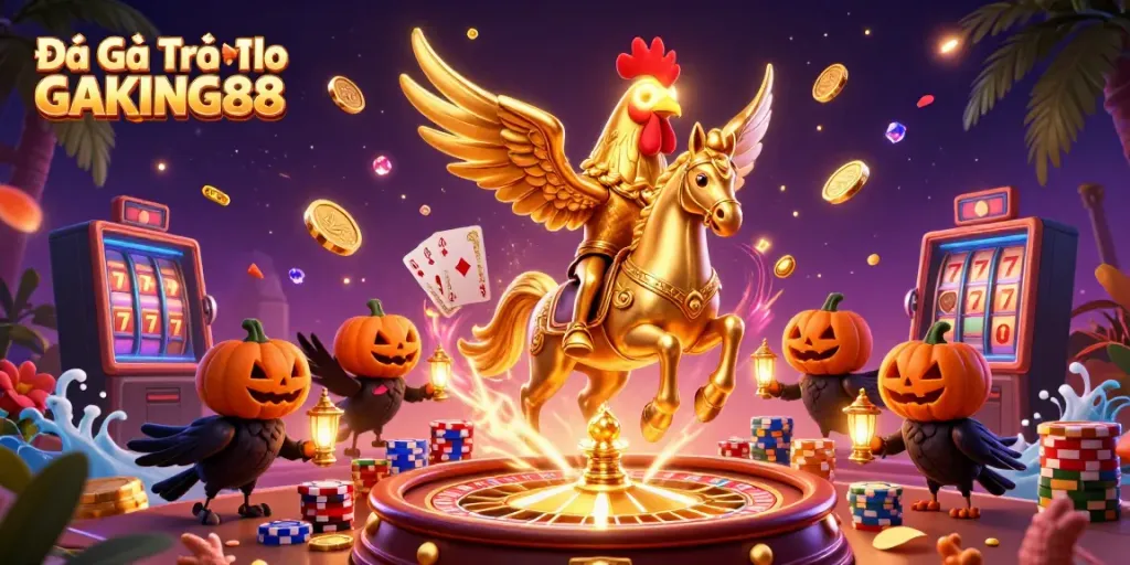Watch the dynamic scene of Đá Gà Trực Tiếp GAKING88 come alive with golden rooster fighting in the casino.