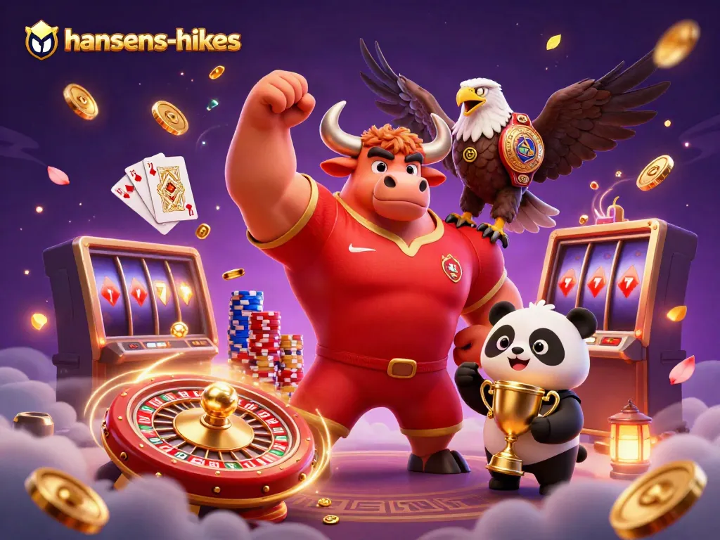 Gambaran 3D meriah dari hansens-hikes dengan simbol kemenangan dan elemen kasino.