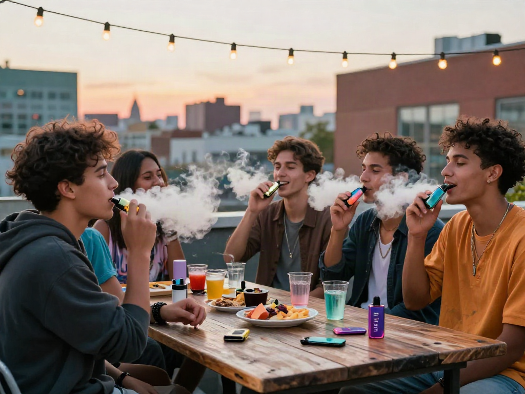Friends savoring Hitz infinity Gen 7 disposable vapes at a rooftop party.