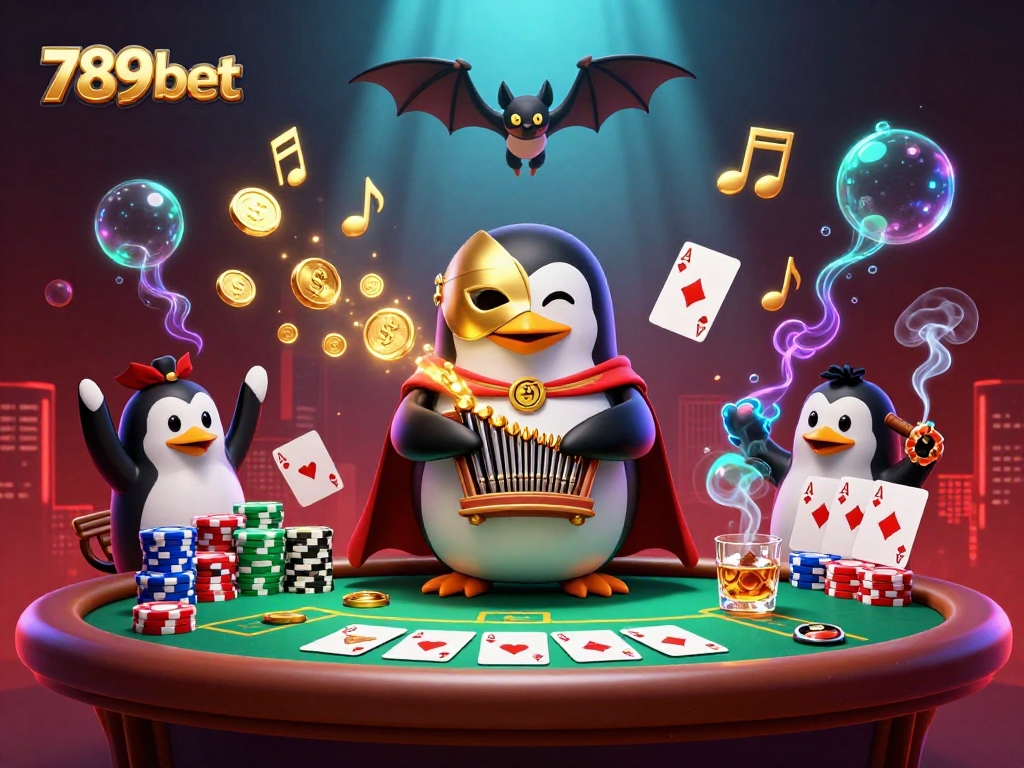 Experience thrilling wins at 789bet with an exciting scene of a penguin playing with casino treasures.