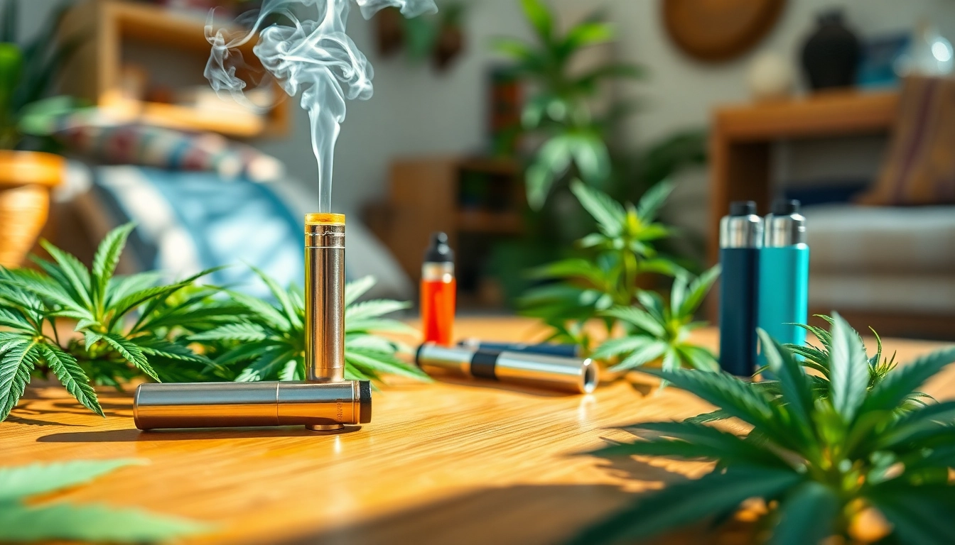 Experience the vibrant effects of weed vape uk with a sleek CBD setup amidst lush greenery.