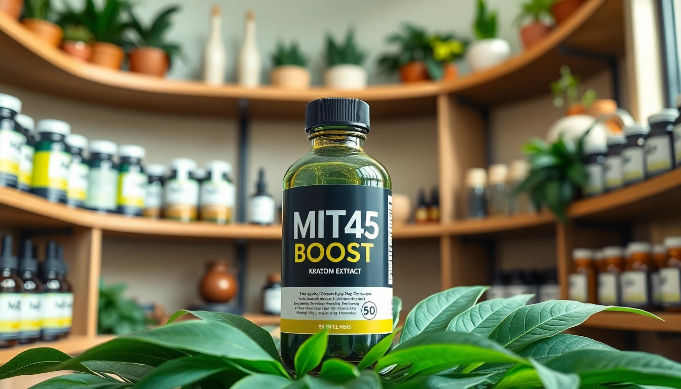Showcase MIT45 Boost Kratom Extract in an elegant health setting, highlighting its vibrant packaging.