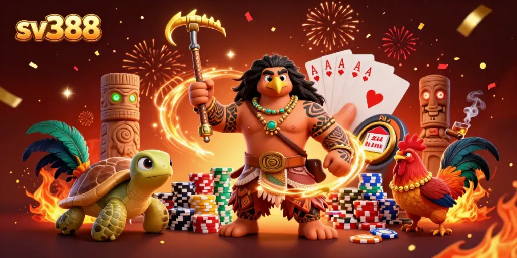 Engage in thrilling cockfighting action at sv388 with warriors and vibrant casino elements.