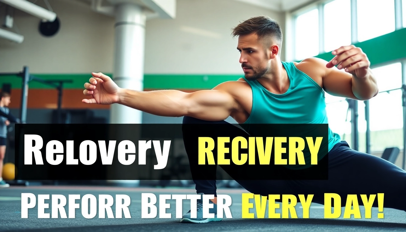 Recover faster with an athlete engaging in a recovery stretch in a vibrant gym.