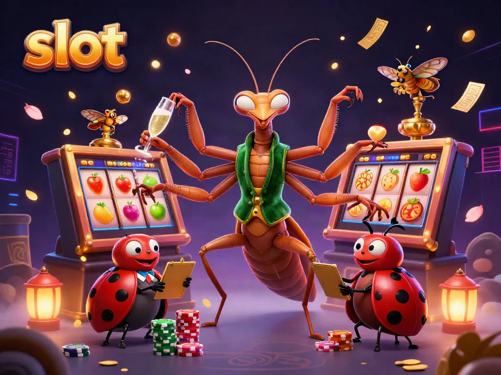 Slot mesin dengan karakter kartun menarik dan suasana kasino yang meriah.