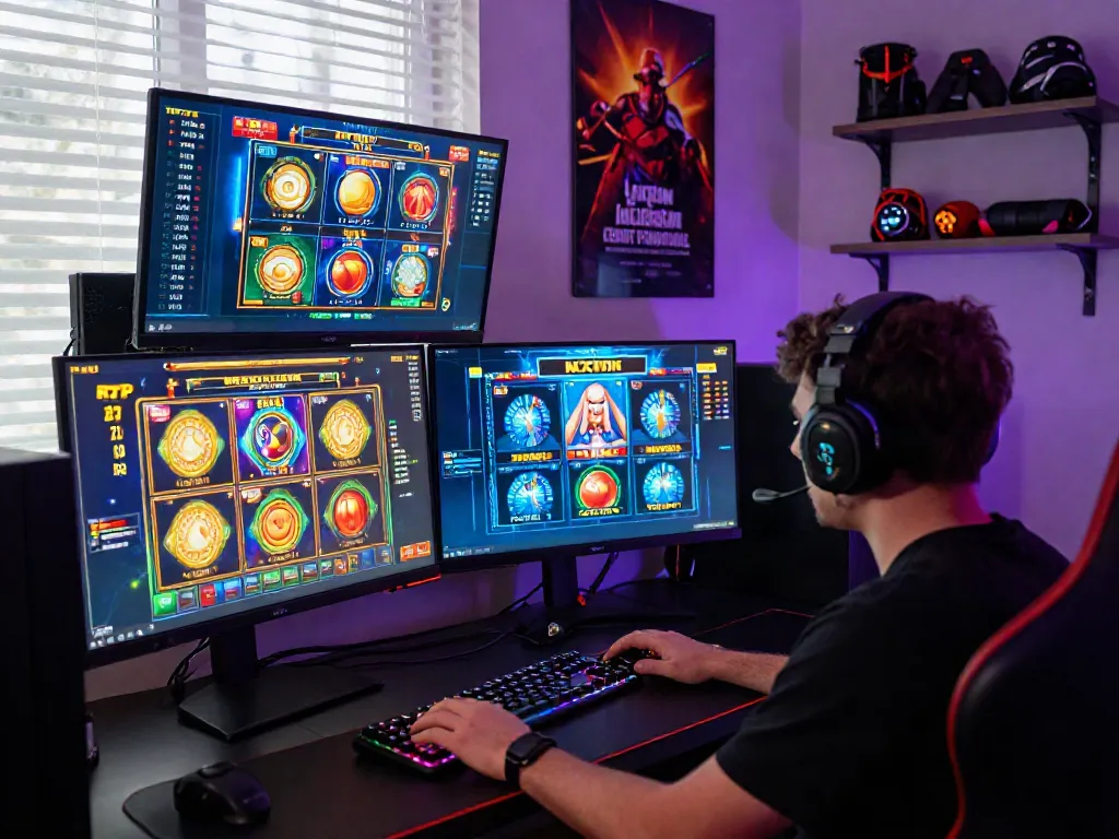 Player immersed in vibrant slot games on multiple screens, exploring strategies for slot maxwin.