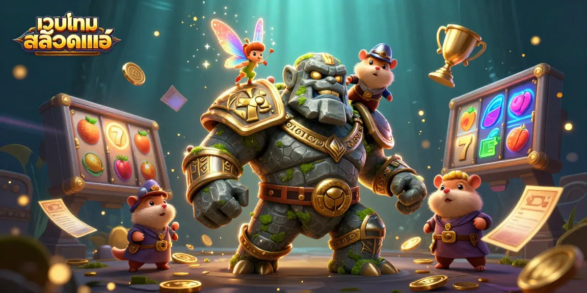Win big with เว็บเกมสล็อตแท้ depicted in a vibrant 3D illustration filled with dynamic slot elements and magical characters.