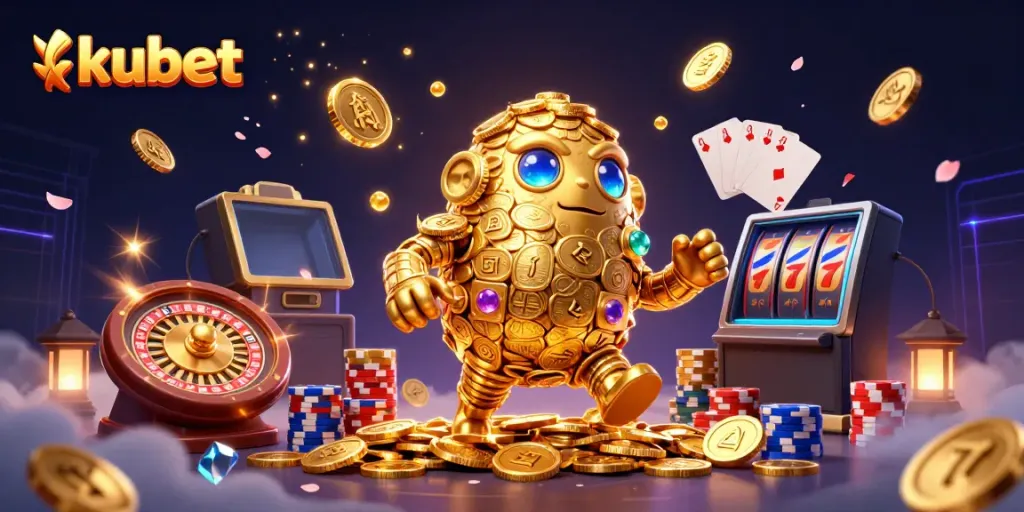 Experience kubet with an ancient golden golem surrounded by casino elements and vibrant visuals.
