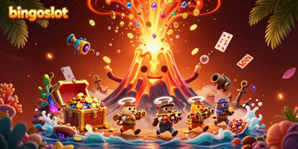 Slot main bingoslot penuh harta karun dari letusan gunung berapi dalam ilustrasi 3D.