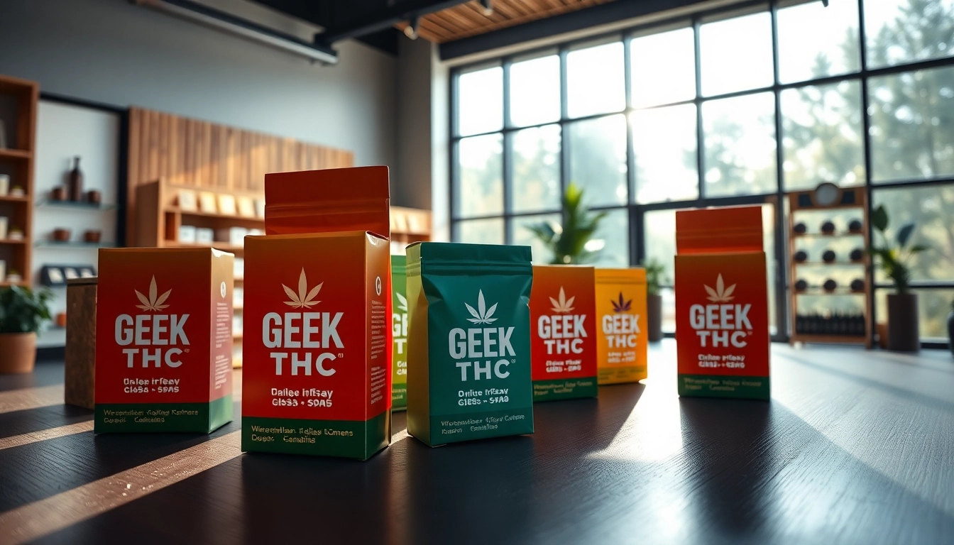 Showcase of GEEK THC products in a modern retail setting promoting cannabis culture.
