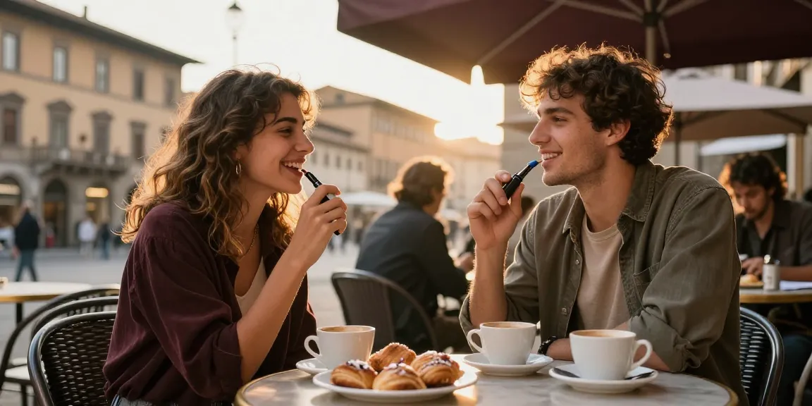 Couple enjoying vapes Italy at an outdoor café with pastries.