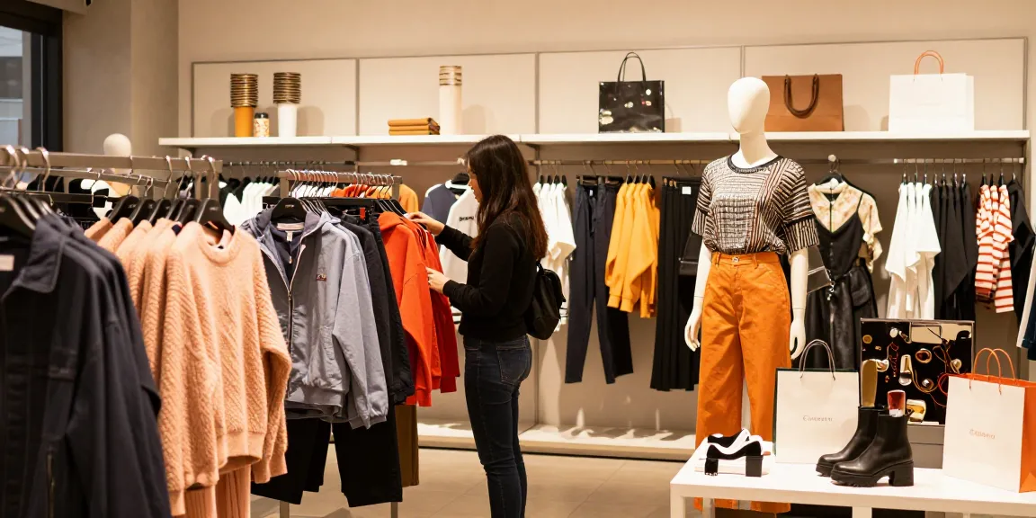 Customer exploring fashion collections at https://shs-dome5.com/ in a vibrant retail setting.