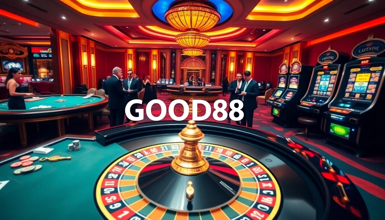Players enjoying a thrilling game at GOOD88 casino with roulette and poker tables.
