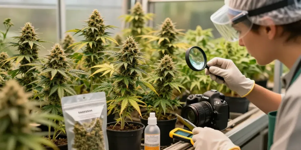 Cannabissamen kaufen: Eine aufmerksame Person inspiziert gesunde Cannabispflanzen in einem Indoor-Garten mit sorgfältig beschrifteten Töpfen.