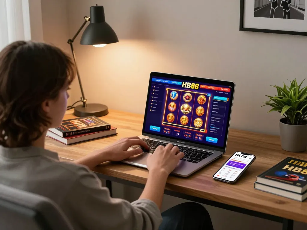 Person playing HB88 casino games on a laptop in a cozy home setting with warm lighting.