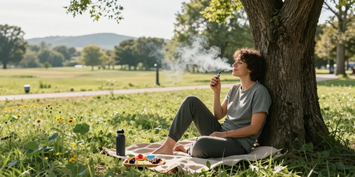 THC vape device surrounded by organic snacks in a serene outdoor wellness scene, promoting a clean, revitalizing experience.