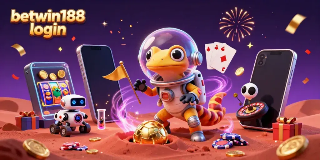 Gambaran meriah login BETWIN188 dengan gecko Mars menemukan kasino emas di Mars.