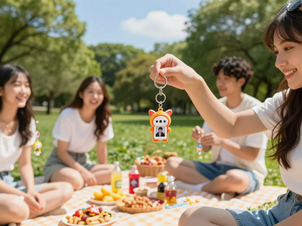 Friends showcasing their vibrant, unique keychain custom designs at a picnic in the park.