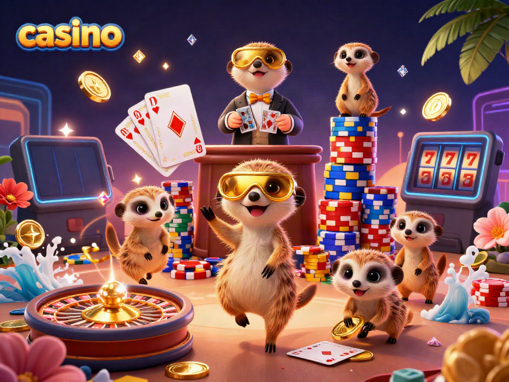 Experience the excitement of a vibrant casino with playful meerkats and dazzling slot game elements.