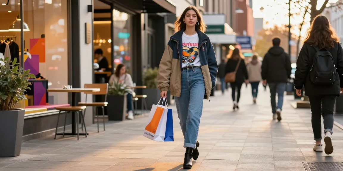 Woman showcasing fashionable streetwear while shopping at https://shs-dome5.com/ in urban setting.